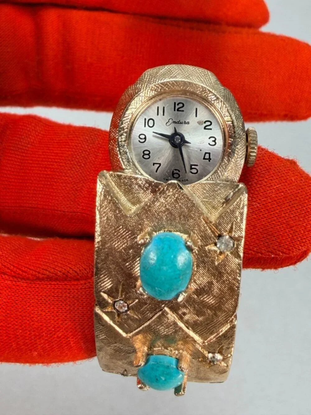 Vintage Endura Swiss Ladies Bracelet Watch Turquoise Rhinestones Runs No Crystal